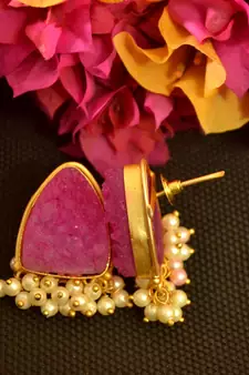 Pink druzzy stone danglers-drops studs earrings