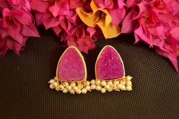 Pink druzzy stone danglers-drops studs earrings 5