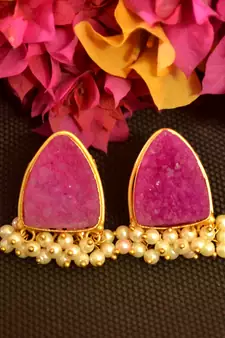 Pink druzzy stone danglers-drops studs earrings
