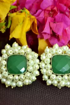 Green Bunched Pearls onyx Stone Wedding studs