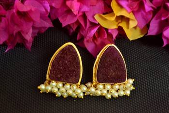 Brown agate druzzy stone danglers-drops studs earrings 1