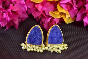 Blue agate druzzy stone danglers-drops studs earrings 1