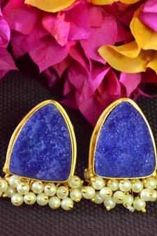 Blue agate druzzy stone danglers-drops studs earrings
