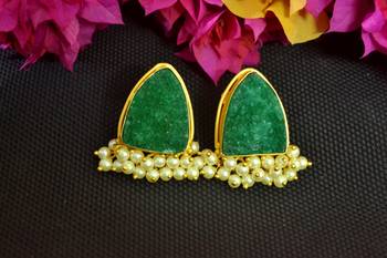 Green agate druzzy stone danglers-drops studs earrings 1