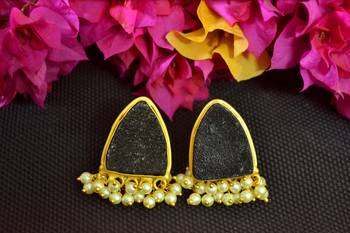 Black agate druzzy stone danglers-drops studs earrings 2