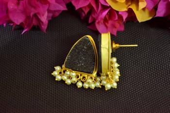 Black agate druzzy stone danglers-drops studs earrings 3