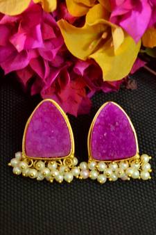 Pink agate druzzy stone danglers-drops studs earrings
