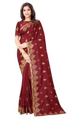 Maroon Vichitra Silk Embriodered Saree With Embriodered Blouse Piece. 1