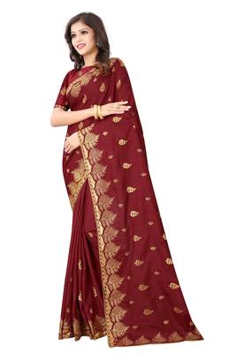 Maroon Vichitra Silk Embriodered Saree With Embriodered Blouse Piece. 2