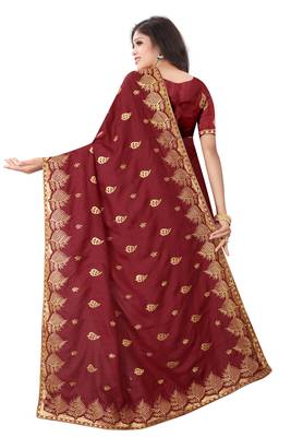 Maroon Vichitra Silk Embriodered Saree With Embriodered Blouse Piece. 3