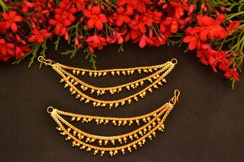 Designer 3 line Bridal Golden pearl earchain or ear support earrings for Wedding 4