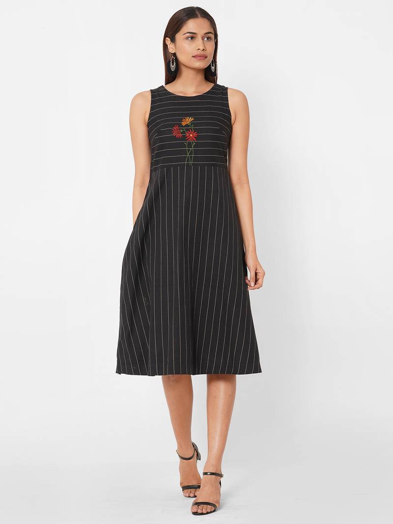 Cotton dobby embroidered A-line dress
