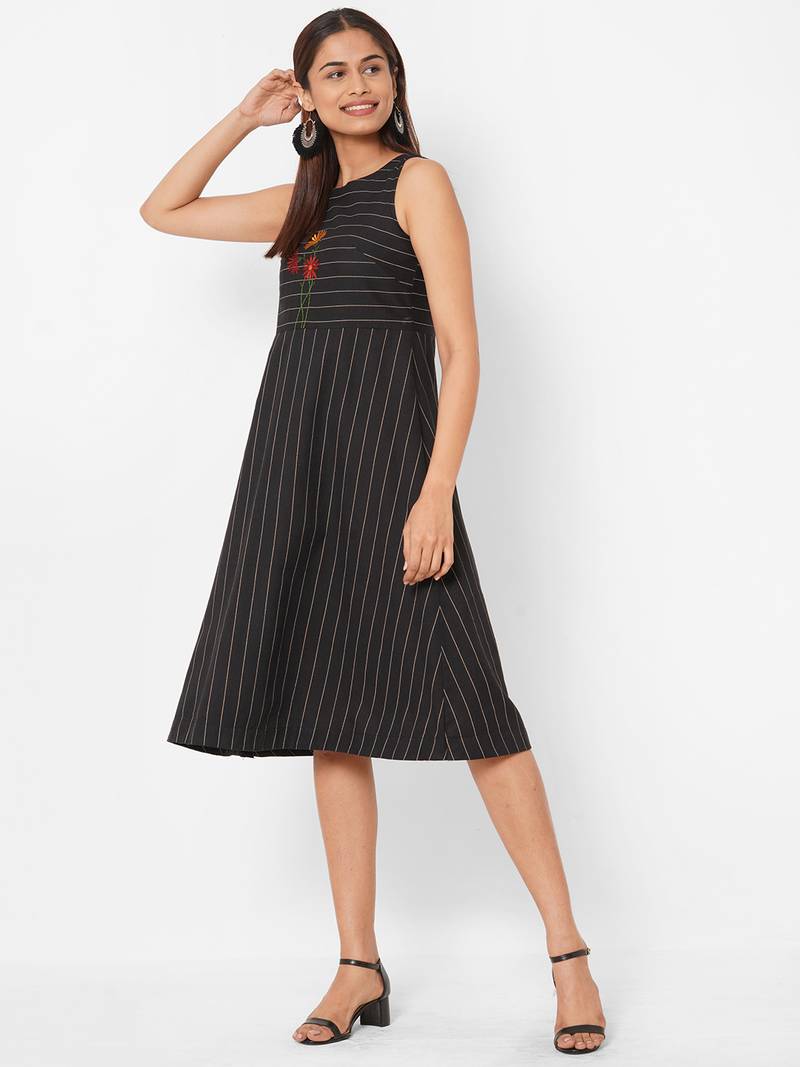 Cotton dobby embroidered A-line dress