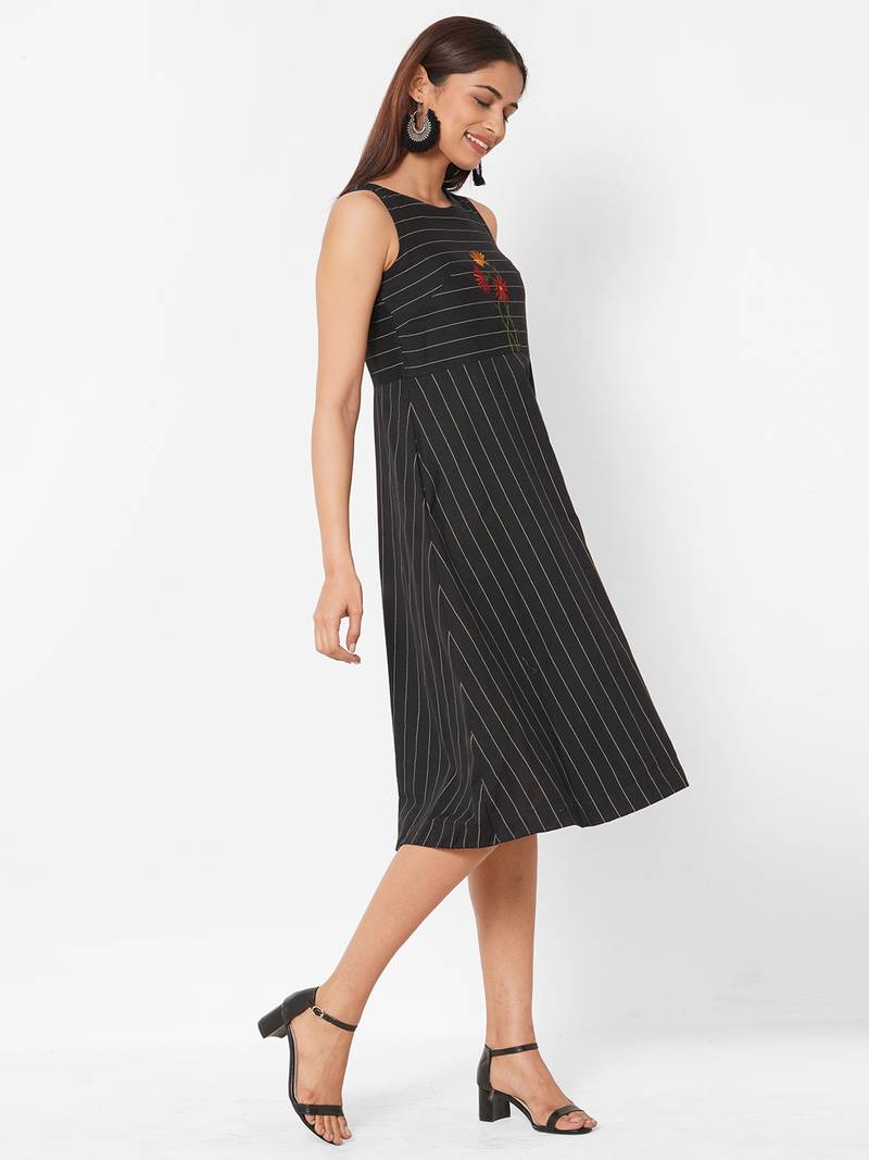 Cotton dobby embroidered A-line dress