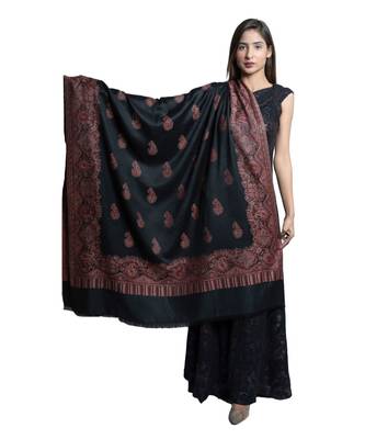 Fine Wool  Paisely Designer Border with Jaal  Kashmiri  Jacquard Wooven Soft & Warm Shawl / Stole/ Wrap 1