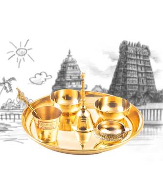 Special Hand Crafted Brass Navratri Diwali Special Puja Thali Set of 7 Pure Pital Pooja Thali Set (6Inch Thali Set) 1