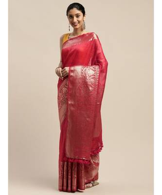 Red Pure Linen Solid Handloom Banarasi Saree 1