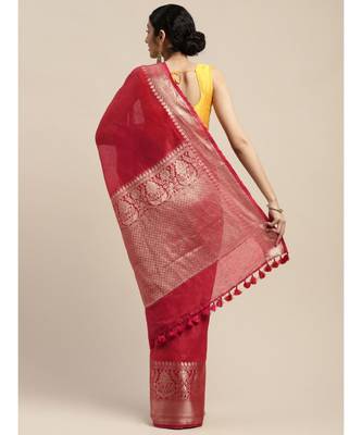 Red Pure Linen Solid Handloom Banarasi Saree 2