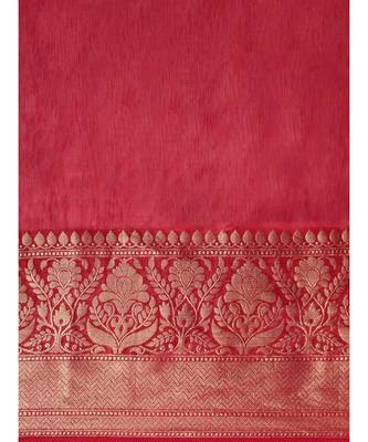 Red Pure Linen Solid Handloom Banarasi Saree 3