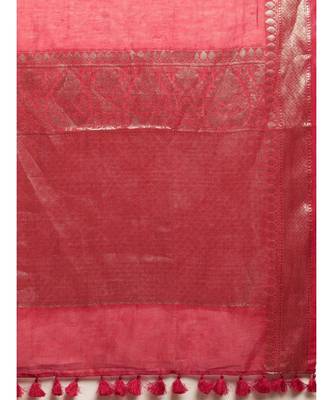 Red Pure Linen Solid Handloom Banarasi Saree 4
