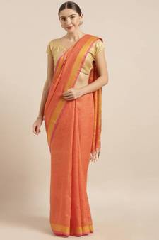 Orange Pure Linen Solid Bhagalpuri Saree
