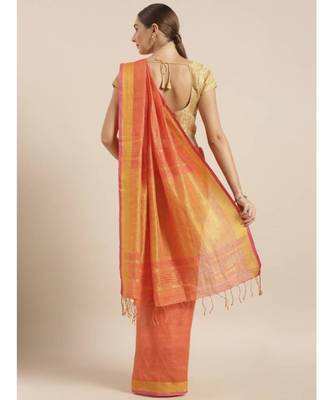 Orange Pure Linen Solid Bhagalpuri Saree 2
