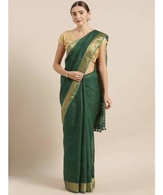 Green Pure Linen Solid Bhagalpuri Saree 1