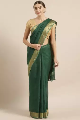 Green Pure Linen Solid Bhagalpuri Saree