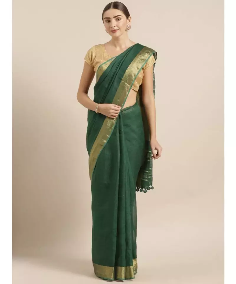 Green Pure Linen Solid Bhagalpuri Saree