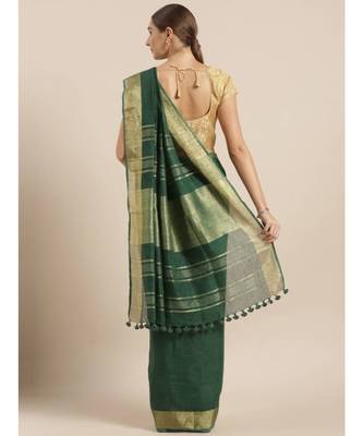 Green Pure Linen Solid Bhagalpuri Saree 2