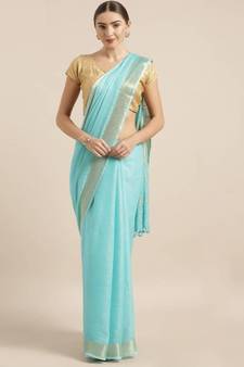 Blue Pure Linen Solid Bhagalpuri Saree