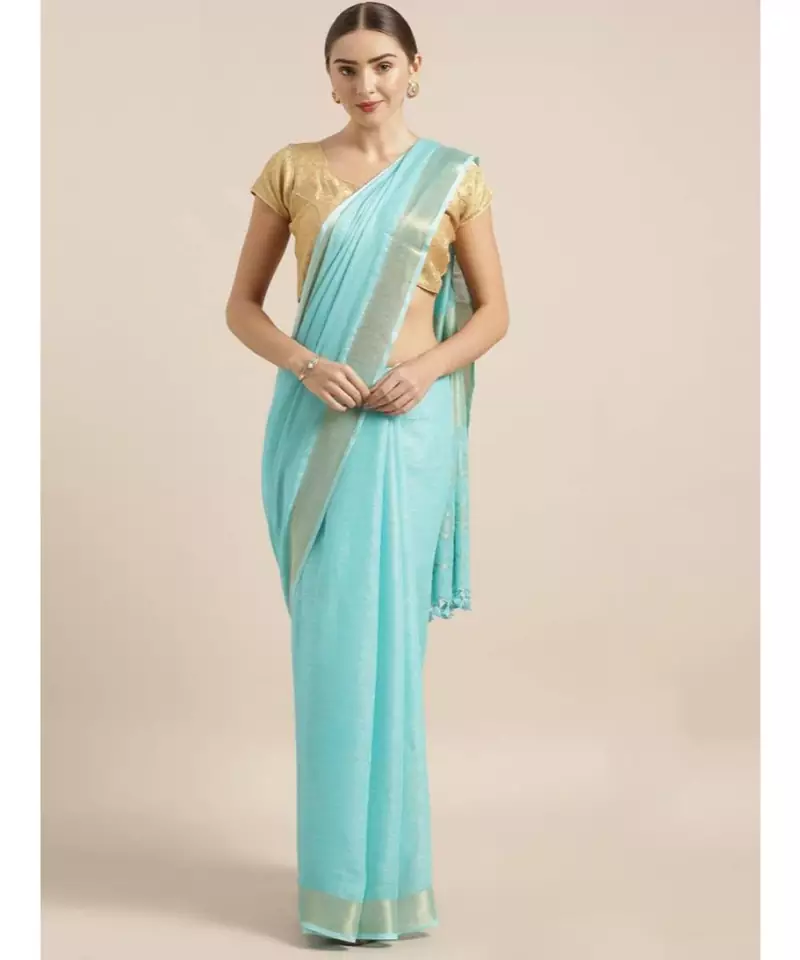 Blue Pure Linen Solid Bhagalpuri Saree