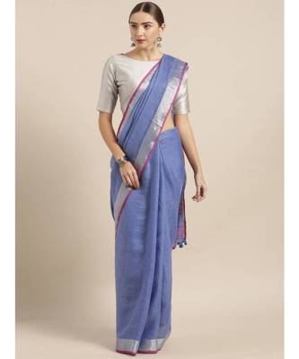 Blue Pure Linen Solid Bhagalpuri Saree 1