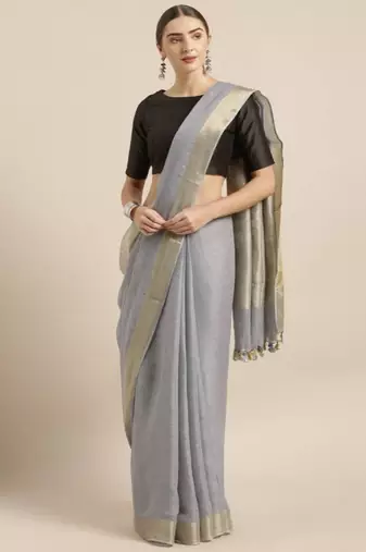 Grey Pure Linen Solid Bhagalpuri Saree
