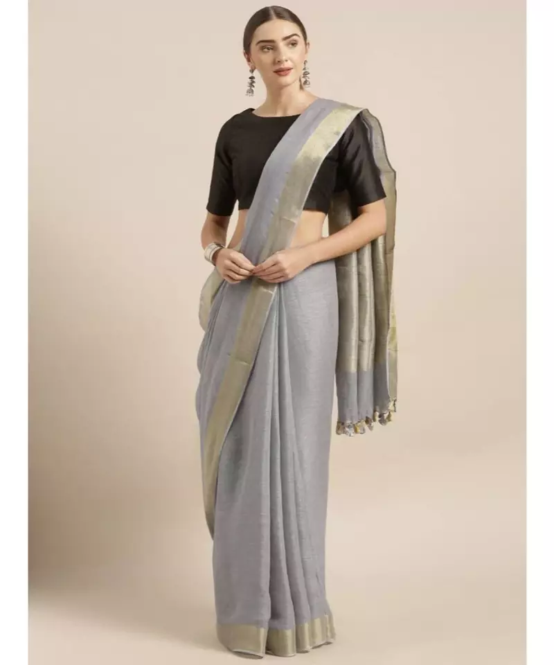 Grey Pure Linen Solid Bhagalpuri Saree