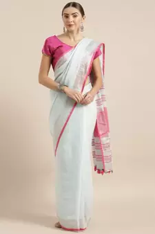 Blue Pure Linen Solid Bhagalpuri Saree