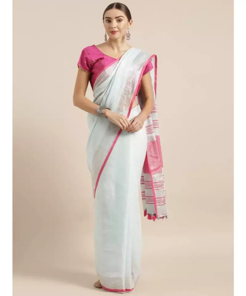 Blue Pure Linen Solid Bhagalpuri Saree