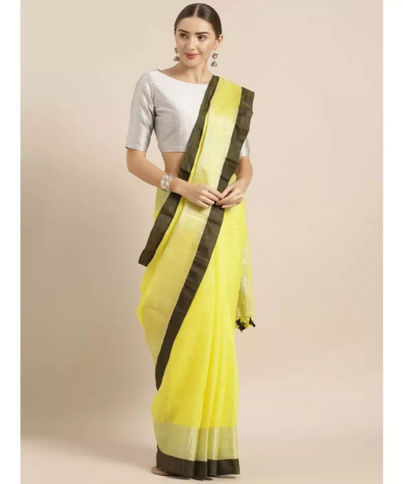 Yellow Pure Linen Solid Bhagalpuri Saree