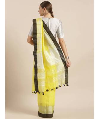 Yellow Pure Linen Solid Bhagalpuri Saree 2