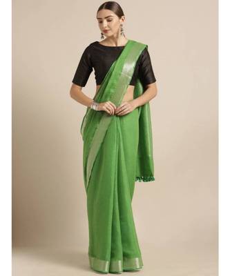 Green Pure Linen Solid Bhagalpuri Saree 1