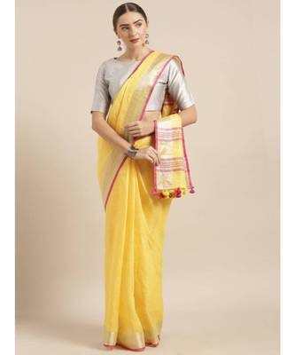 Yellow Pure Linen Solid Bhagalpuri Saree 1
