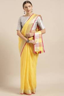 Yellow Pure Linen Solid Bhagalpuri Saree