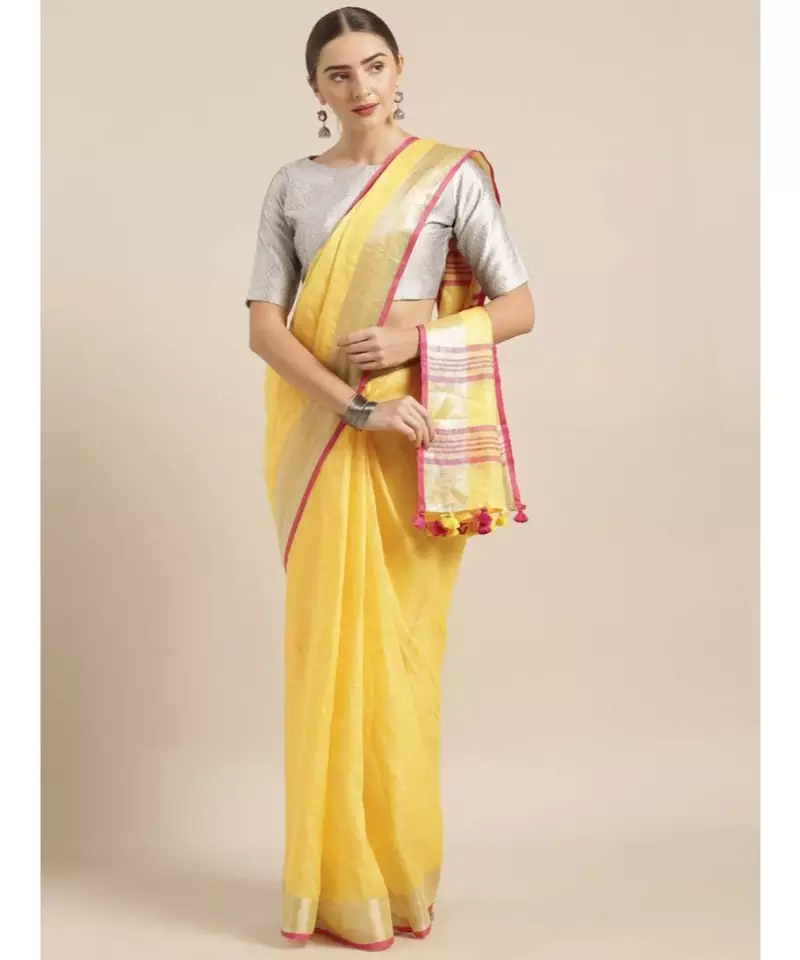 Yellow Pure Linen Solid Bhagalpuri Saree