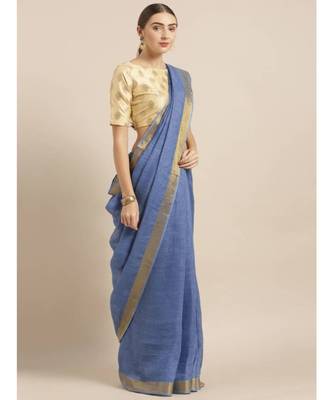 Blue Pure Linen Solid Bhagalpuri Saree 1