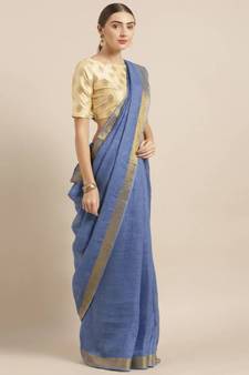 Blue Pure Linen Solid Bhagalpuri Saree