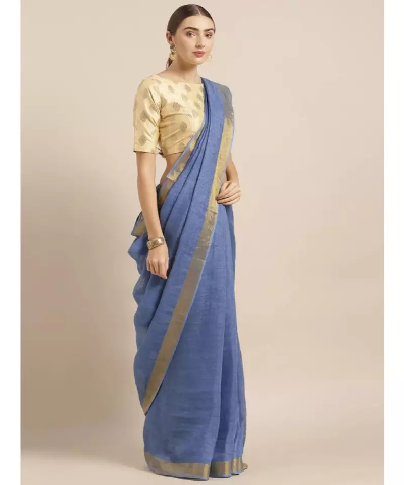 Blue Pure Linen Solid Bhagalpuri Saree