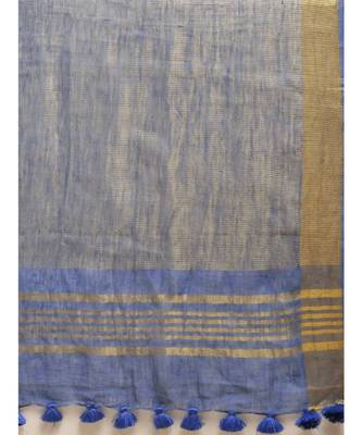 Blue Pure Linen Solid Bhagalpuri Saree 3