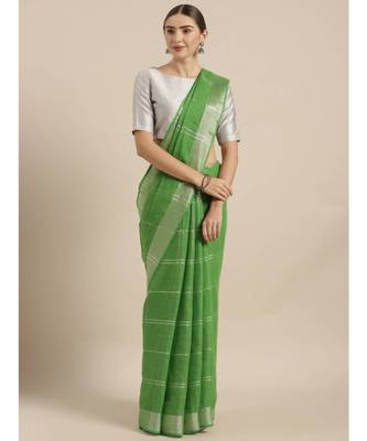 Green & Silver-Coloured Pure Linen Checked Bhagalpuri Saree 1