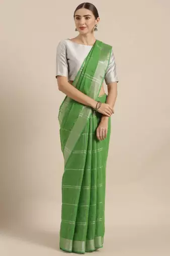 Green & Silver-Coloured Pure Linen Checked Bhagalpuri Saree