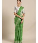 Green & Silver-Coloured Pure Linen Checked Bhagalpuri Saree
